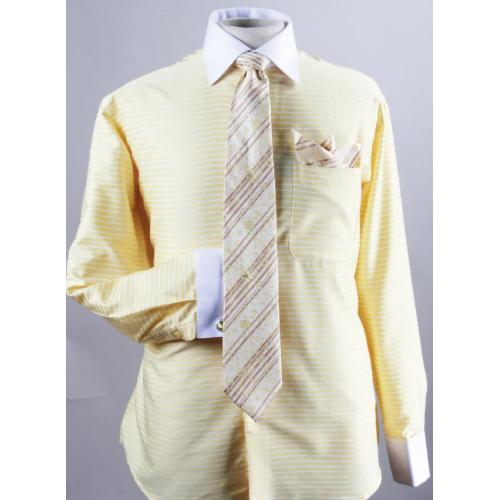 Avanti Uomo Corn Horizontal Stripe Two Tone Shirt / Tie / Hanky Set With Free Cufflinks DN55M